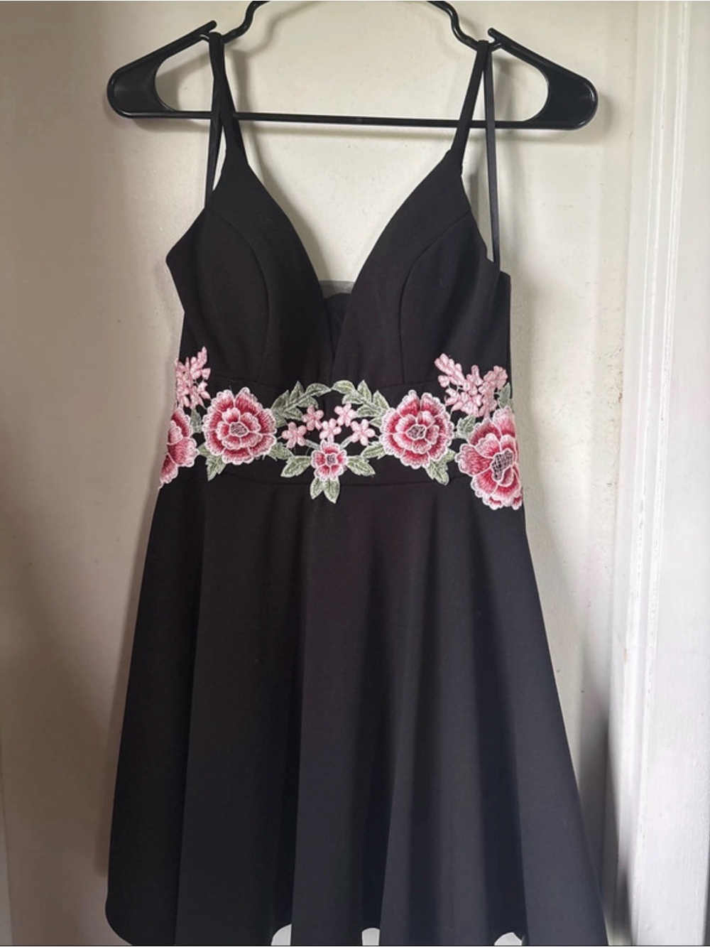B. Smart Black Mini Dress with Pink Floral Embroidery
